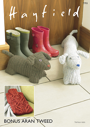 Hayfield 7793 Hot Water Bottle Cover, Doggy Door Stop, & Doggy Draught/Draft Excluder. Uses #4(Aran) Weight Yarn.